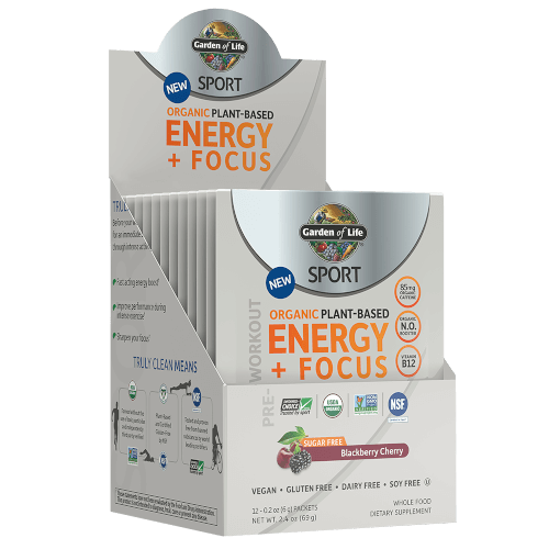 Garden of Life SPORT Organic Plant-Based Energy Focus Sugar Free Blackberry Cherry 12 Single Serv Packs